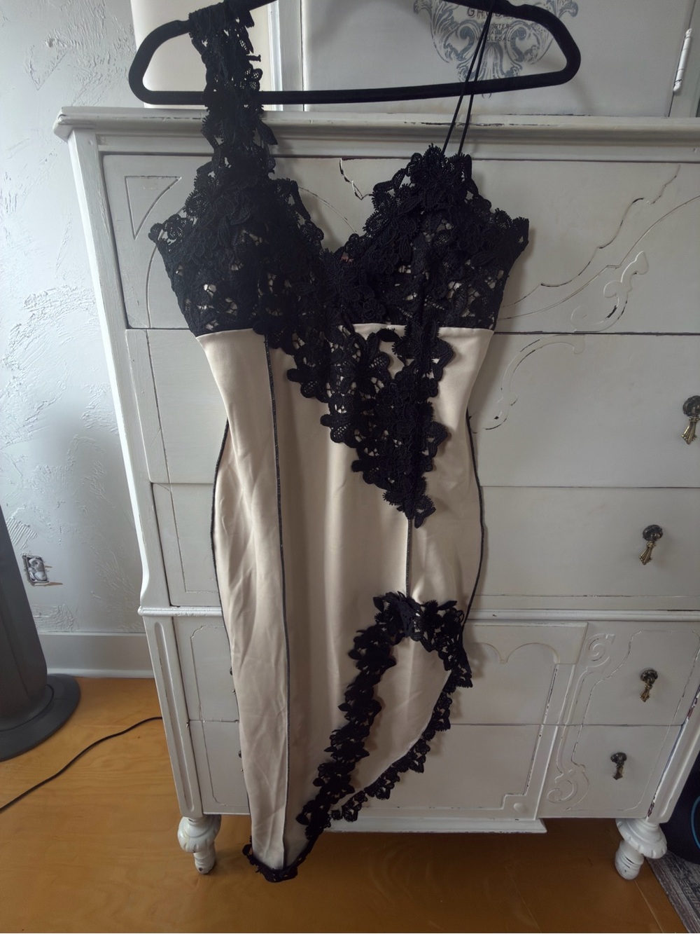 Asymmetrical One-Shoulder Cream Dress with Black Lace